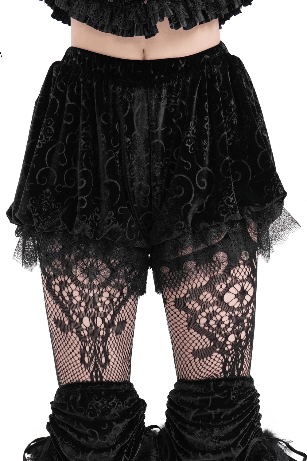 Gothic velvet puff shorts with lace trim and baroque patterns, paired with lace tights for an elegant, dark look.