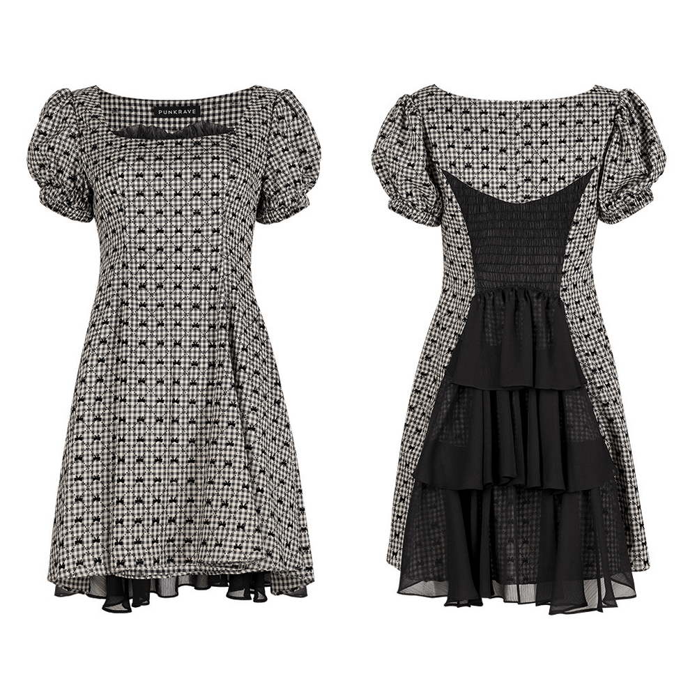 Gothic Puff Sleeve Checked Dress with Layered Hem