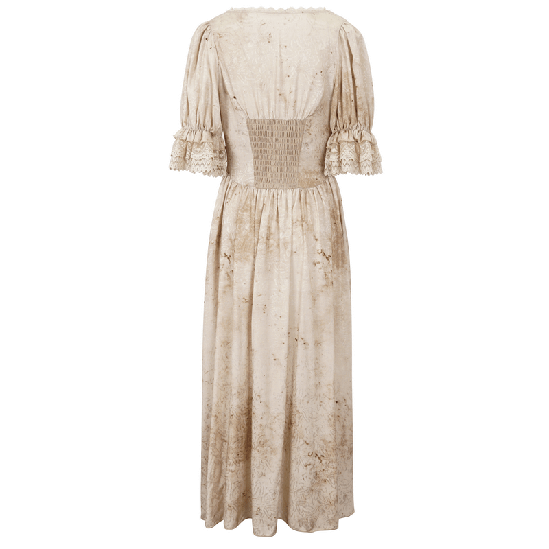 Gothic puff sleeves deep V-neck long dress with shirred back, showcasing elegant beige fabric and vintage allure.