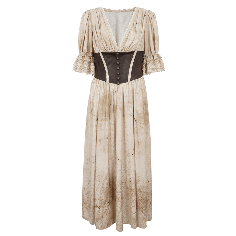 Gothic puff sleeves deep V-neck long dress with shirred back, showcasing elegant dark allure and flattering fit.