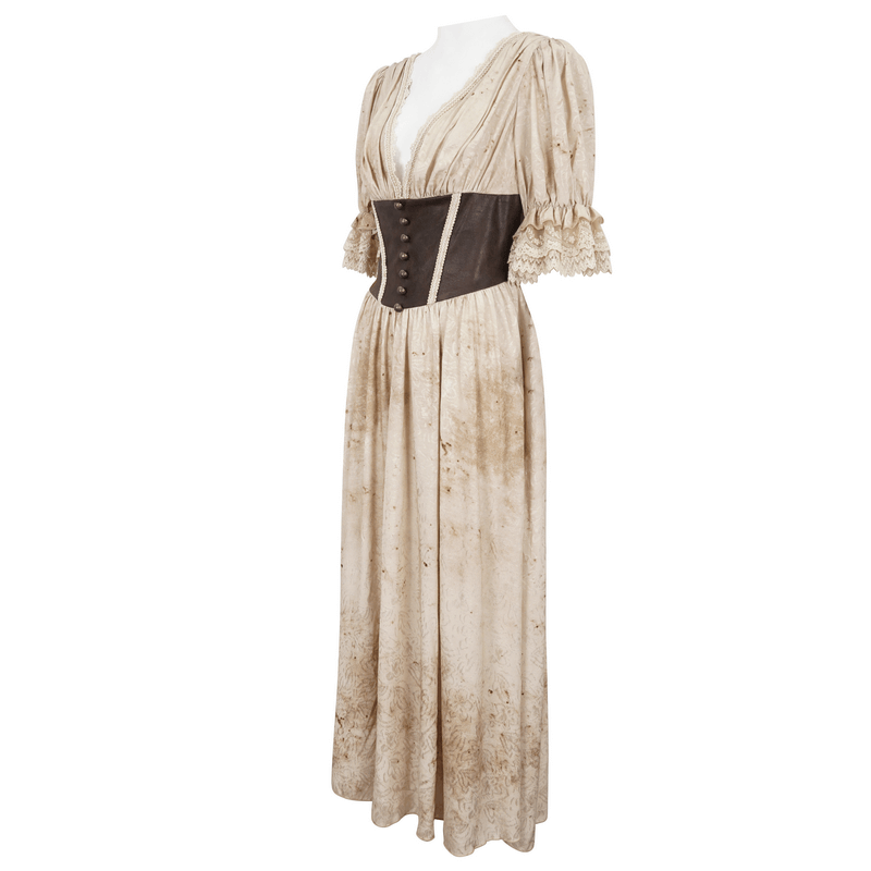 Gothic puff sleeve deep V-neck long dress with shirred back and lace accents, perfect for stylish events.