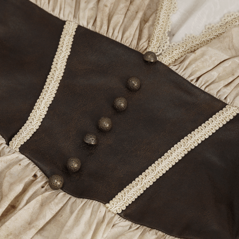 Detailed view of Gothic dress bodice with dark fabric, elegant buttons, and lace trim, showcasing unique design elements.