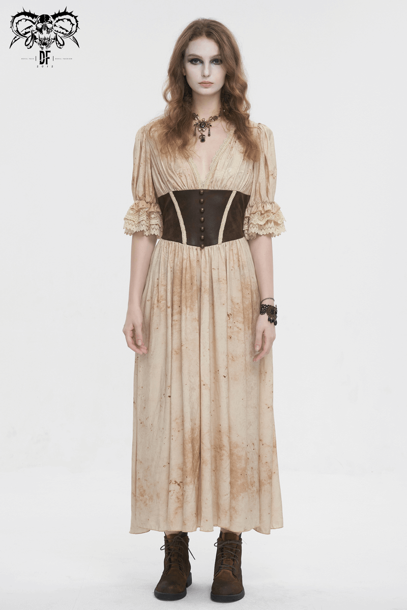 Gothic puff sleeve dress with deep V-neck and corset waist, exuding dark elegance and vintage charm.