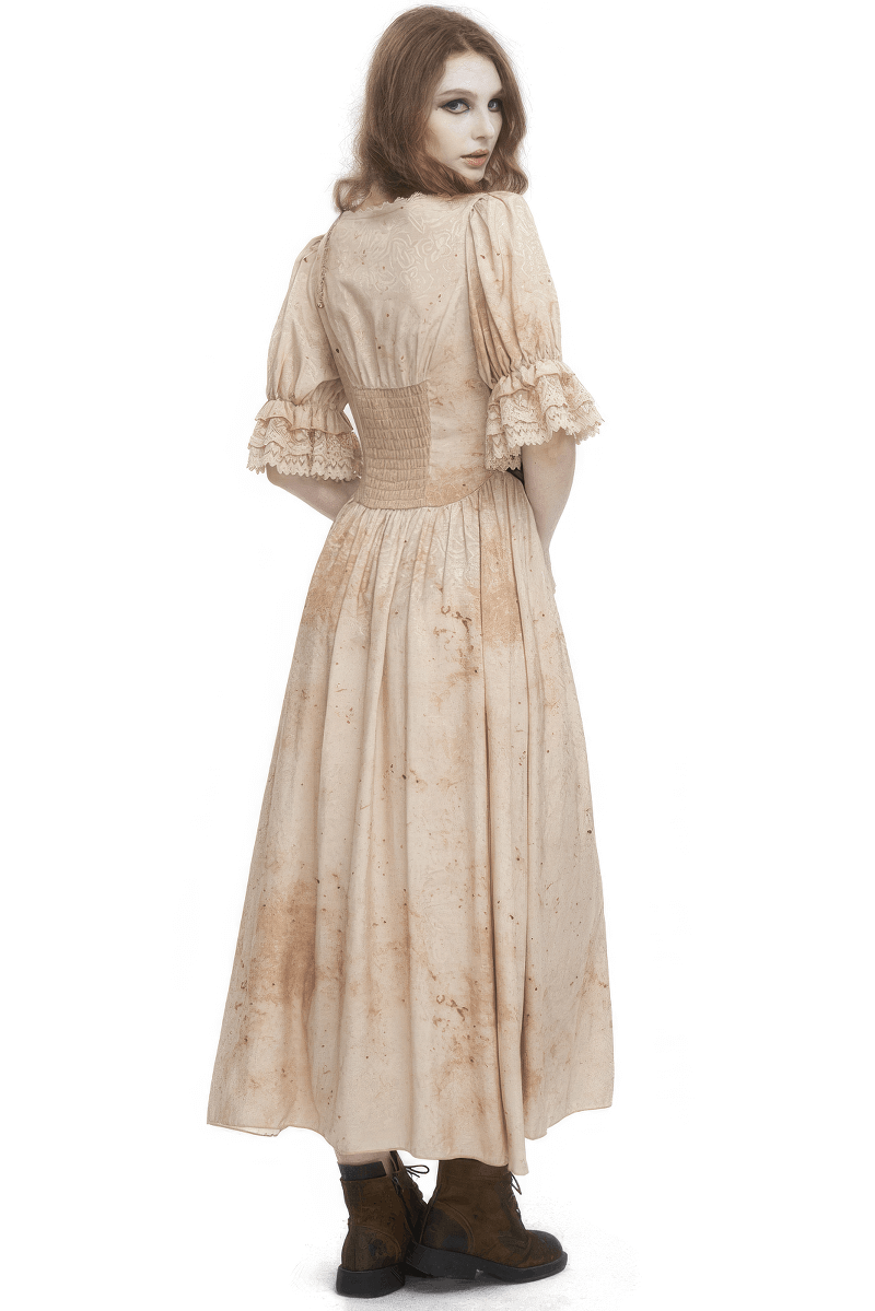 Gothic style dress with puff sleeves and a shirred back, perfect for a captivating vintage-inspired look.