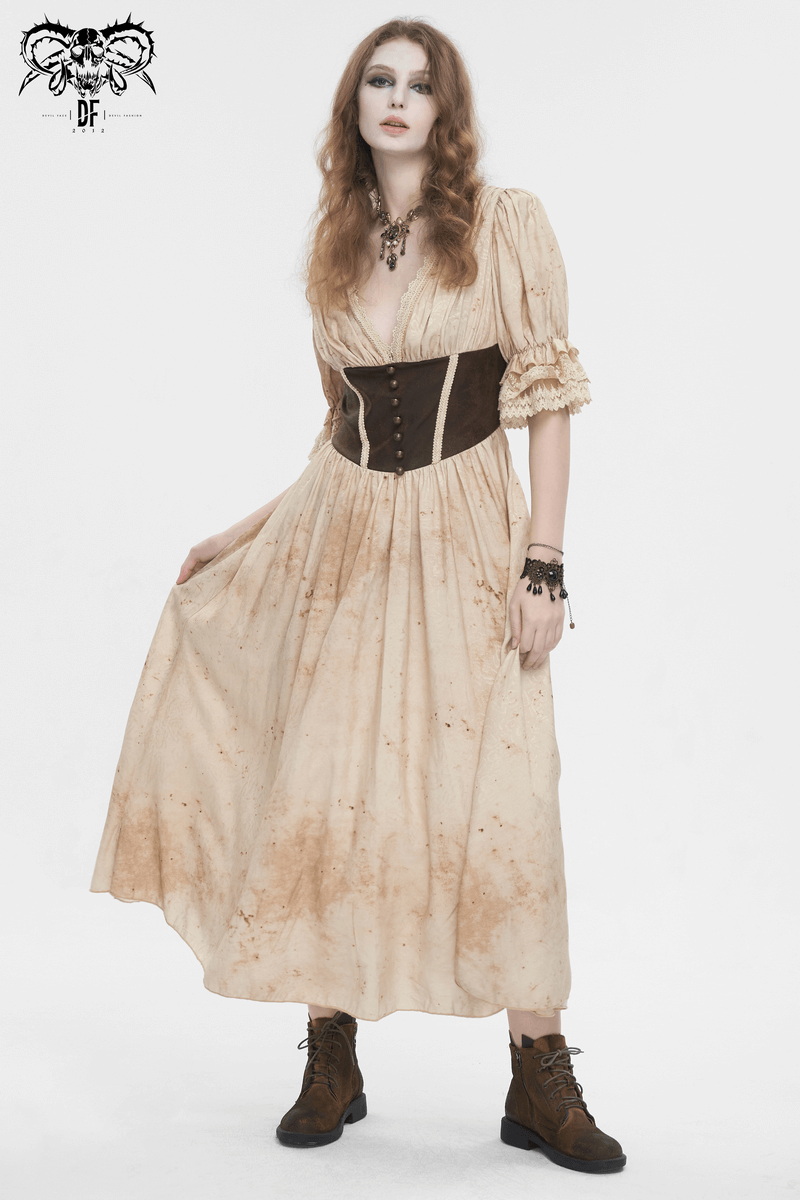 Gothic puff sleeves long dress with deep V-neck and shirred back, perfect for a striking gothic elegant look.