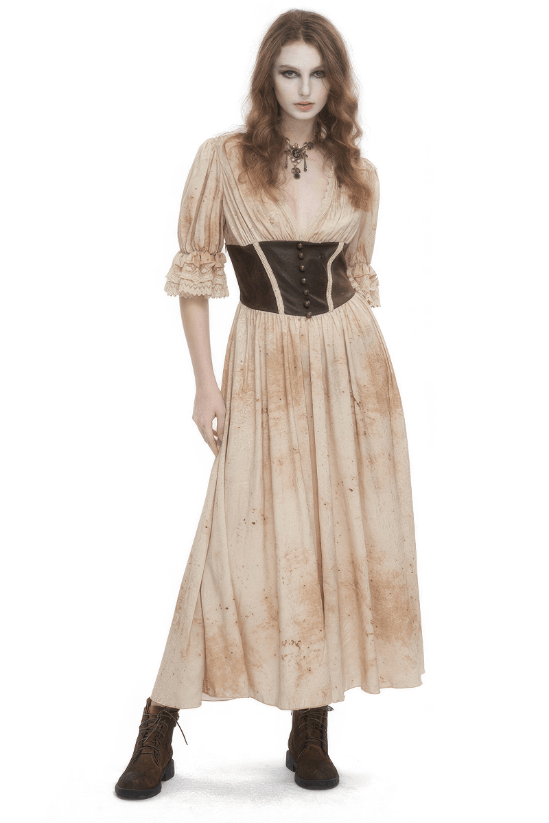 Gothic puff sleeves deep V-neck long dress with shirred back, featuring a striking silhouette and vintage style.
