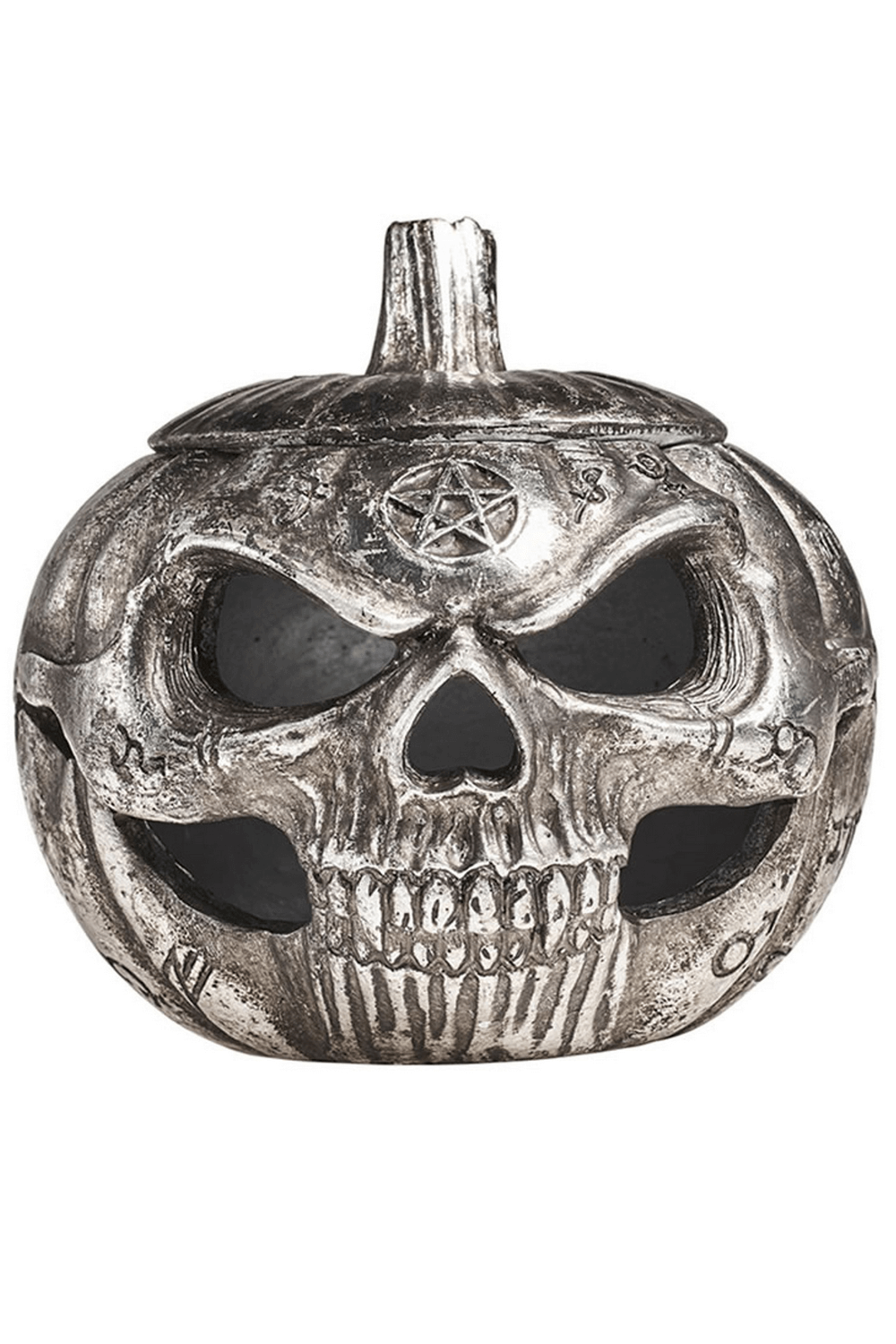 Gothic pumpkin skull jewelry box with occult sigils, perfect for trinkets and dark secrets.