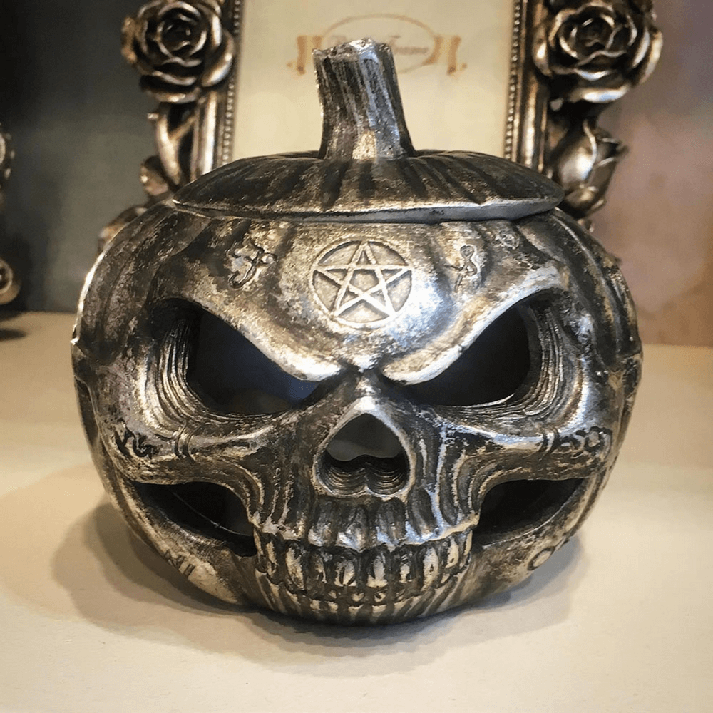 Gothic pumpkin skull jewelry pot with occult sigils, perfect for trinkets and dark secrets, enhancing spooky decor.