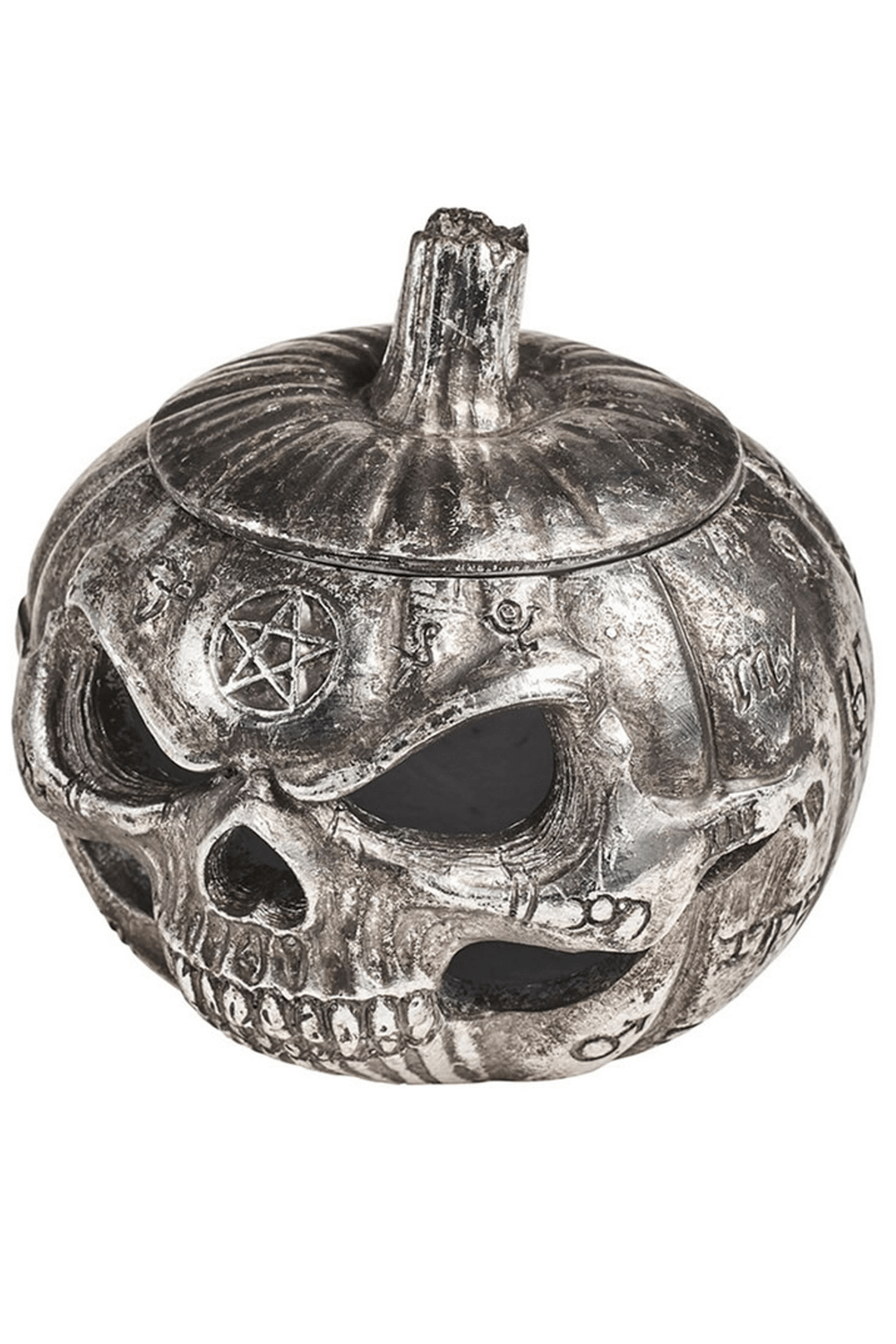 Gothic pumpkin skull jewelry box with occult sigils, perfect for trinkets and dark secrets.