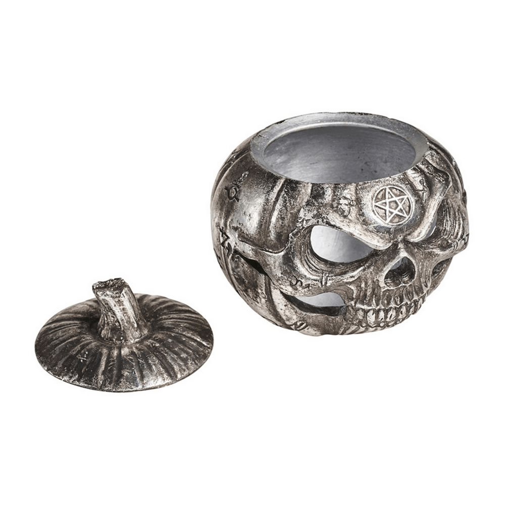 Gothic pumpkin skull jewelry box with occult sigils, perfect for trinkets and spells in Halloween decor.