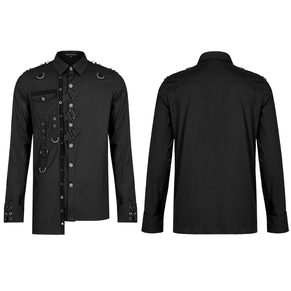 Gothic Punk Asymmetric Shirt with hardware accents, front and back view showing unique design details.