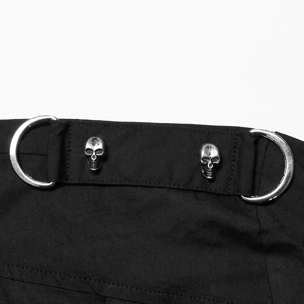 Close-up of skull hardware accents on a Gothic Punk Asymmetric Panel Shirt, featuring rings and unique detailing.