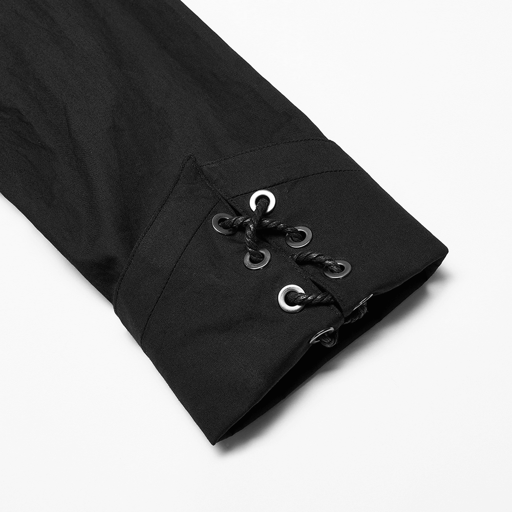 Close-up of Gothic Punk Asymmetric Shirt sleeve with lace-up hardware accents in black fabric.