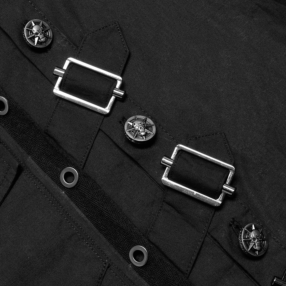 Close-up of Gothic Punk Asymmetric Shirt detailing, featuring edgy hardware accents and a unique panel design.