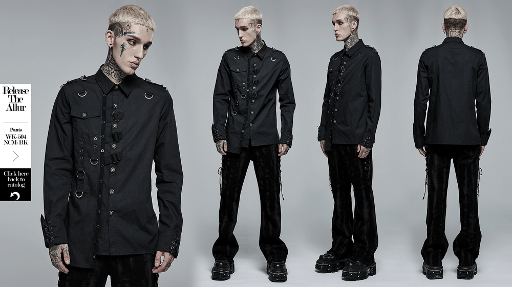 Gothic Punk Asymmetric Shirt with hardware accents, showcasing edgy style and slim fit silhouette.