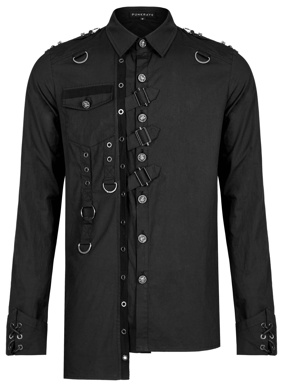 Gothic Punk Asymmetric Panel Hardware Shirt with unique accents and a sleek fit, perfect for edgy style enthusiasts.
