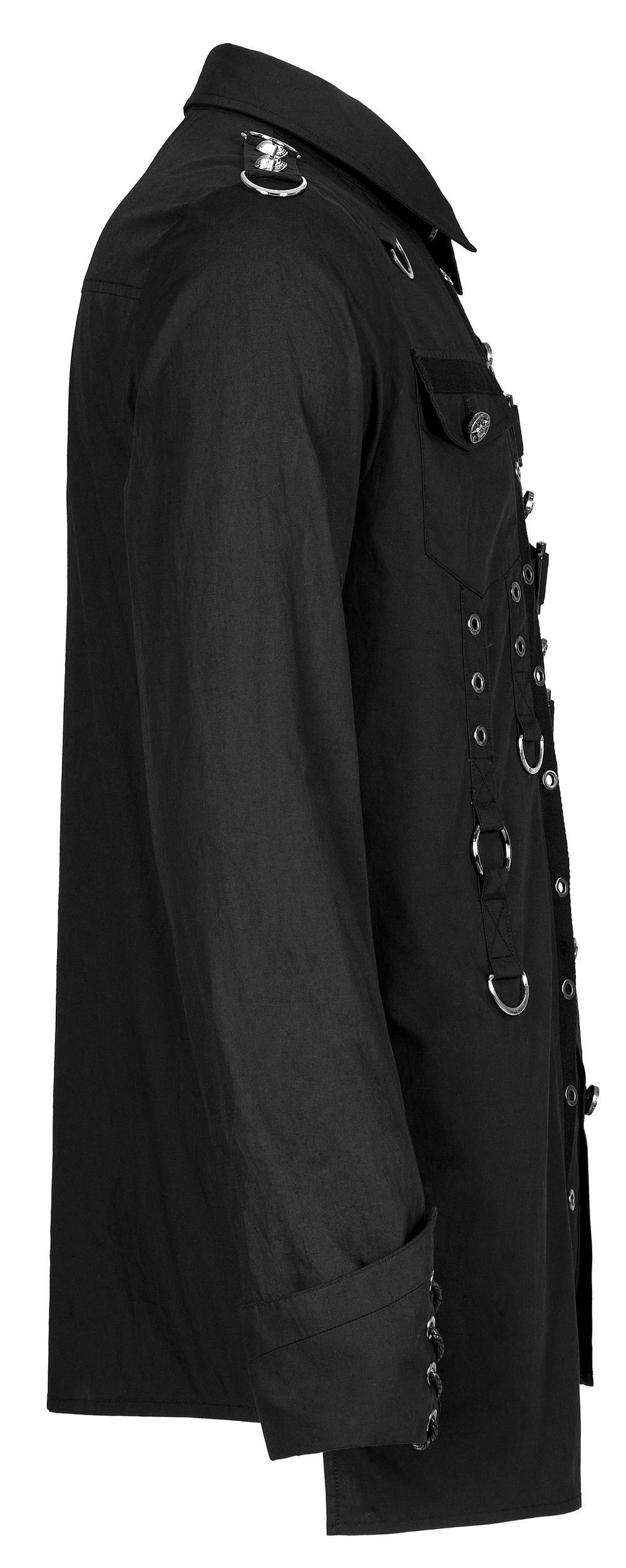 Gothic Punk Asymmetric Shirt with hardware accents, featuring a stylish black design and unique paneling.