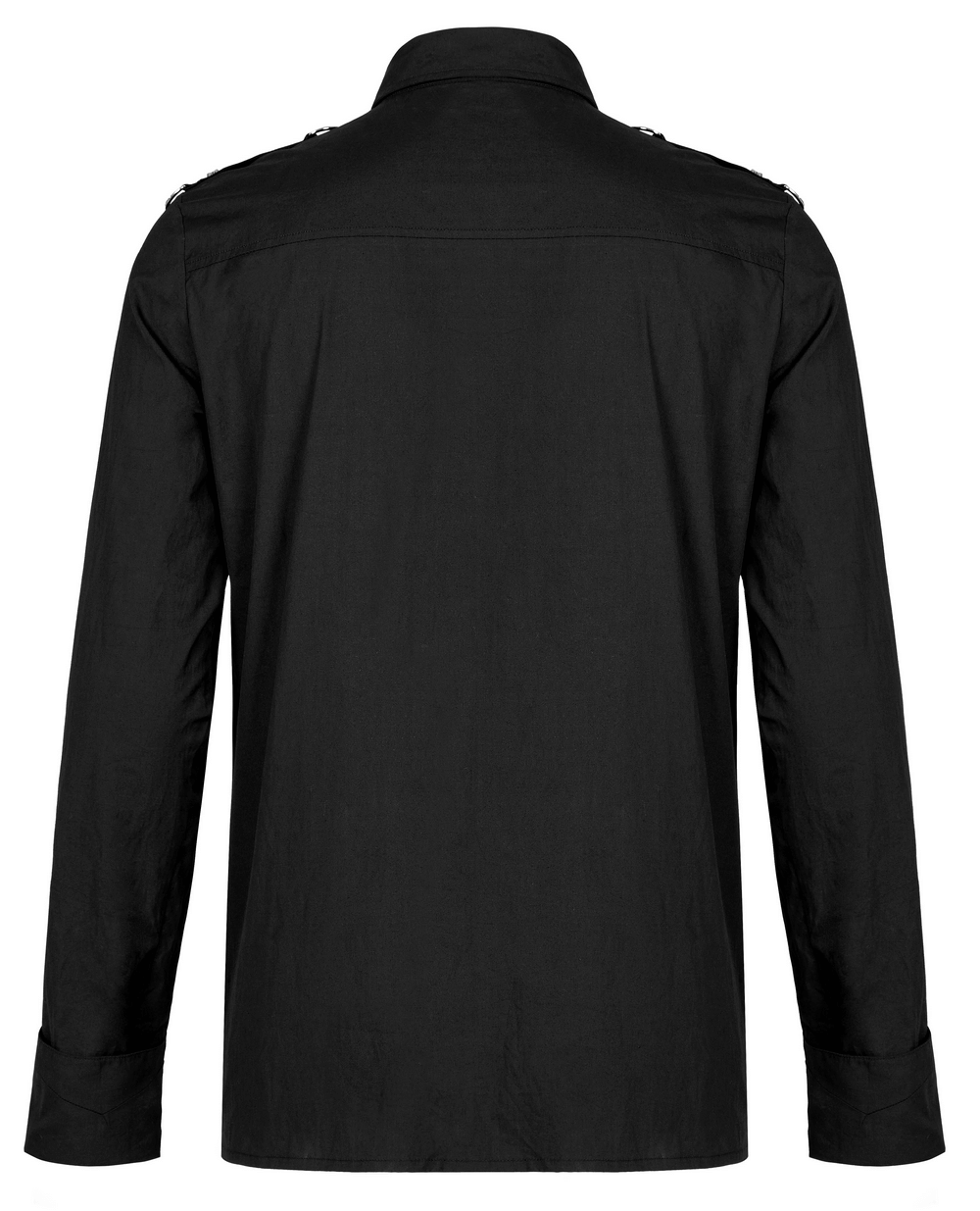 Back view of Gothic Punk Asymmetric Panel Hardware Shirt showcasing sleek design and unique hardware accents.