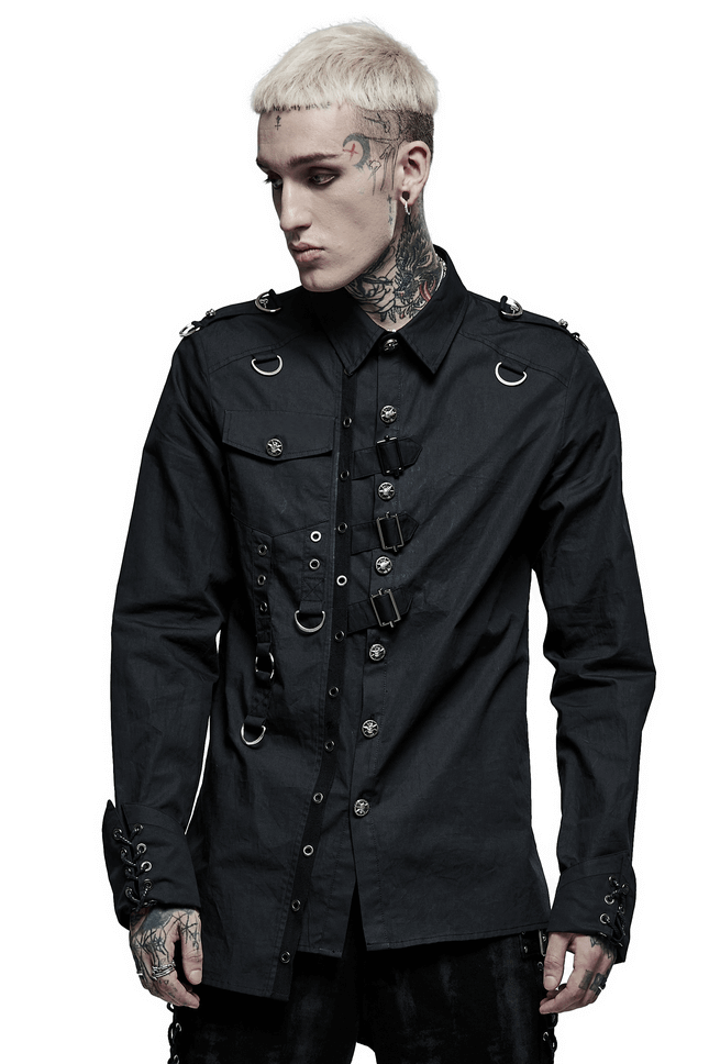 Gothic Punk Asymmetric Shirt with hardware accents and unique panel design for edgy style.