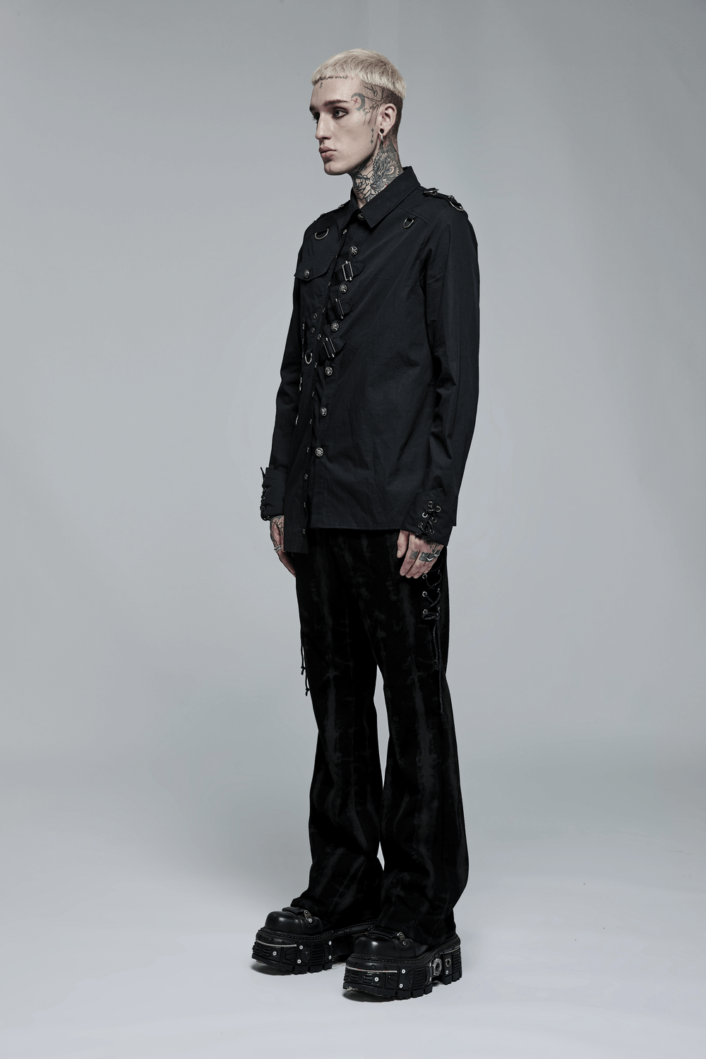 Model showcasing Gothic Punk Asymmetric Shirt with hardware accents and slim fit, styled for an edgy look.