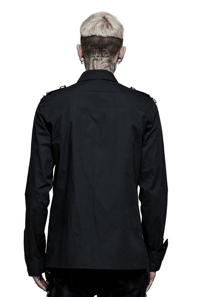 Back view of a gothic punk asymmetric shirt showcasing hardware details and slim fit design.