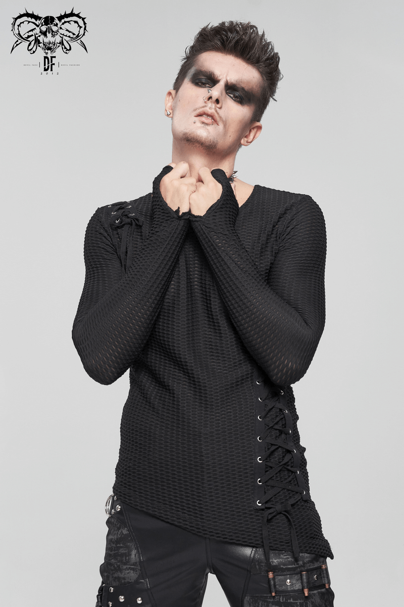 Gothic Punk Asymmetric Sweatshirt with Lace Up / Male Mesh Long Sleeve Black Top - HARD'N'HEAVY