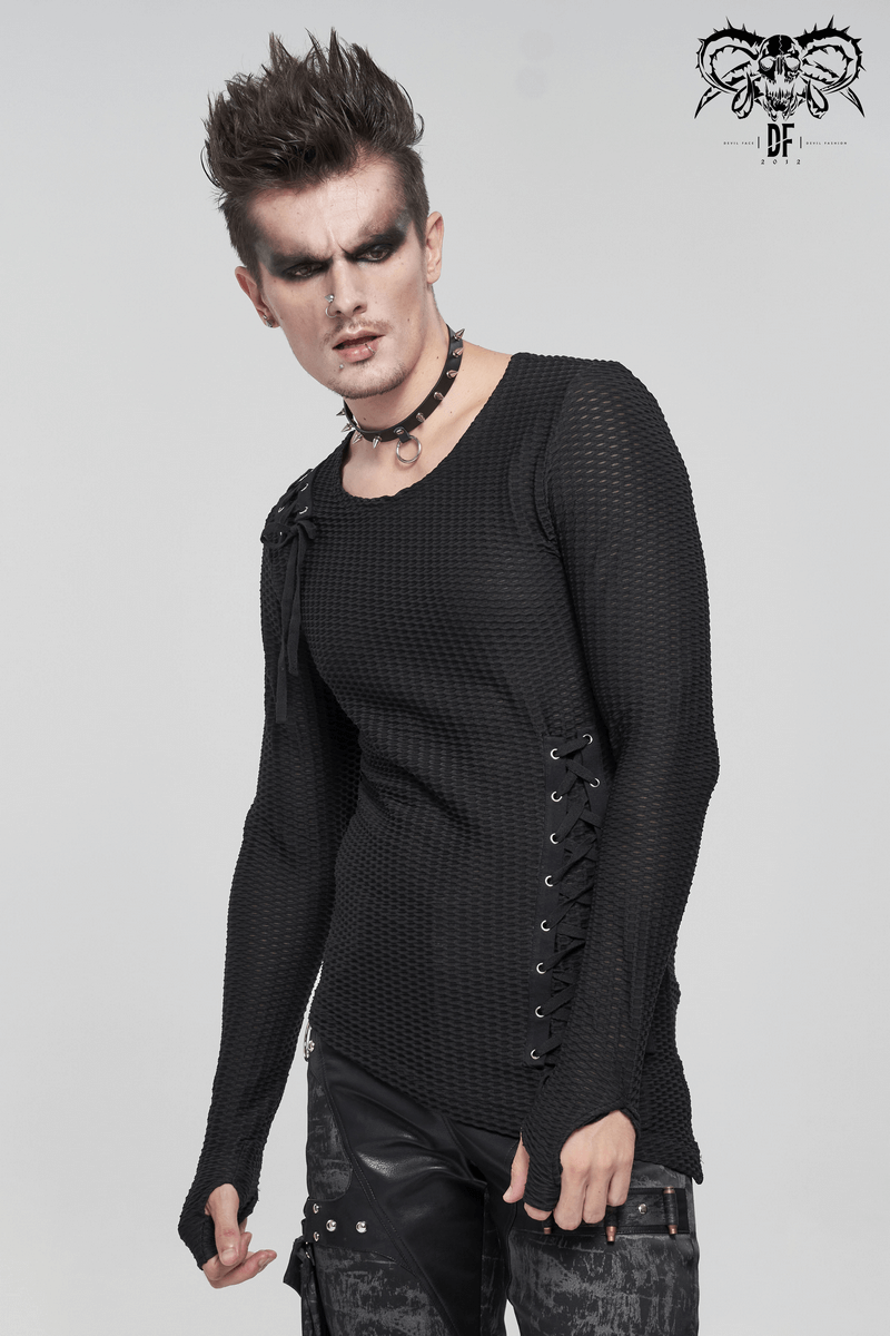 Gothic Punk Asymmetric Sweatshirt with Lace Up / Male Mesh Long Sleeve Black Top - HARD'N'HEAVY