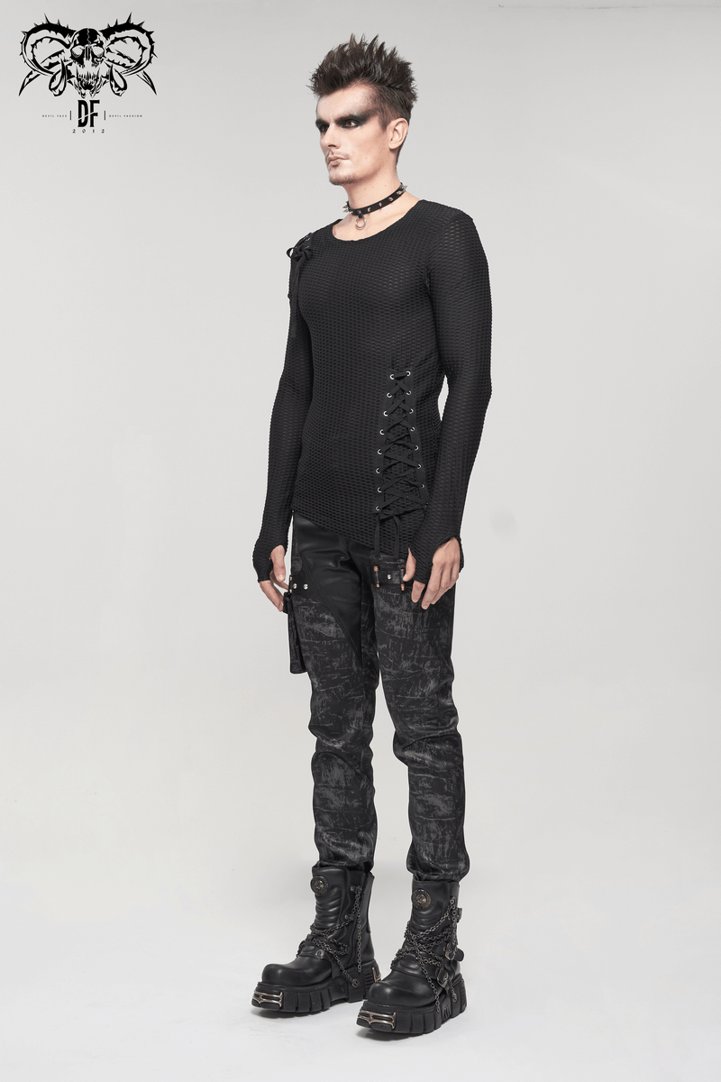 Gothic Punk Asymmetric Sweatshirt with Lace Up / Male Mesh Long Sleeve Black Top - HARD'N'HEAVY