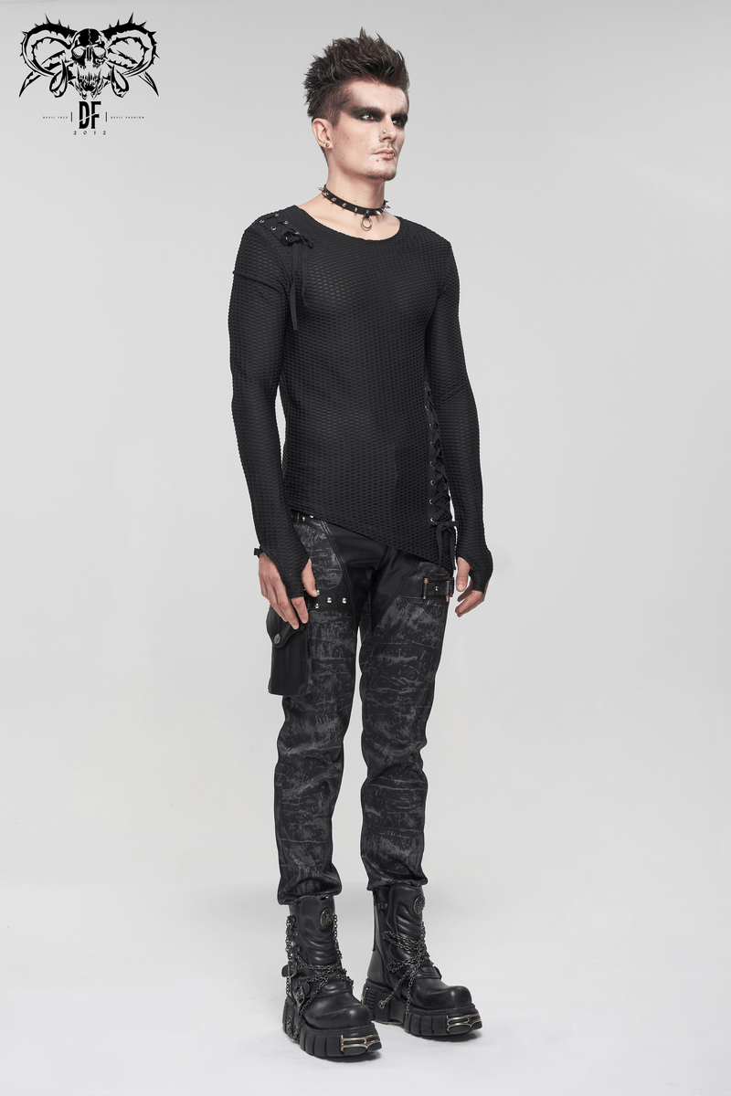 Gothic Punk Asymmetric Sweatshirt with Lace Up / Male Mesh Long Sleeve Black Top - HARD'N'HEAVY