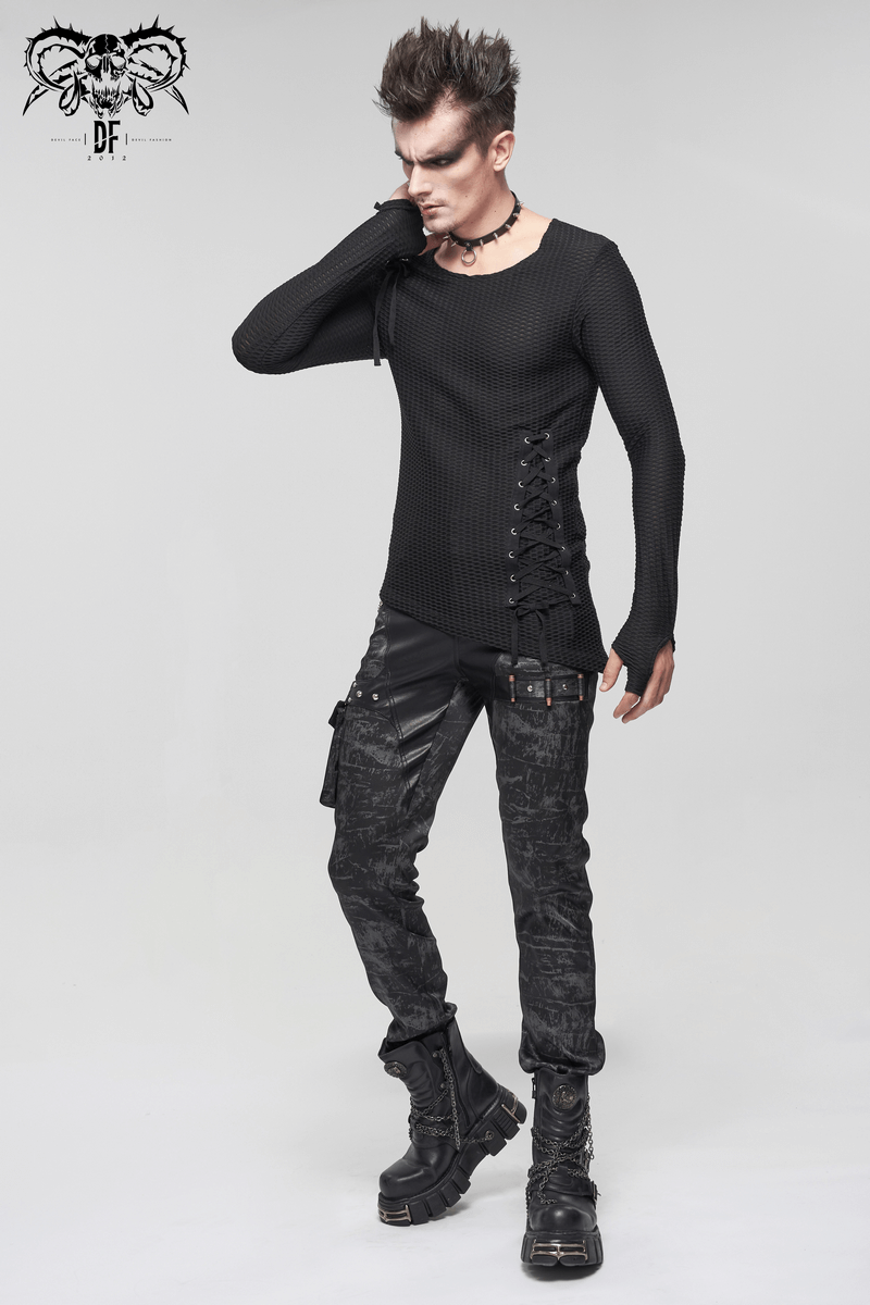 Gothic Punk Asymmetric Sweatshirt with Lace Up / Male Mesh Long Sleeve Black Top - HARD'N'HEAVY