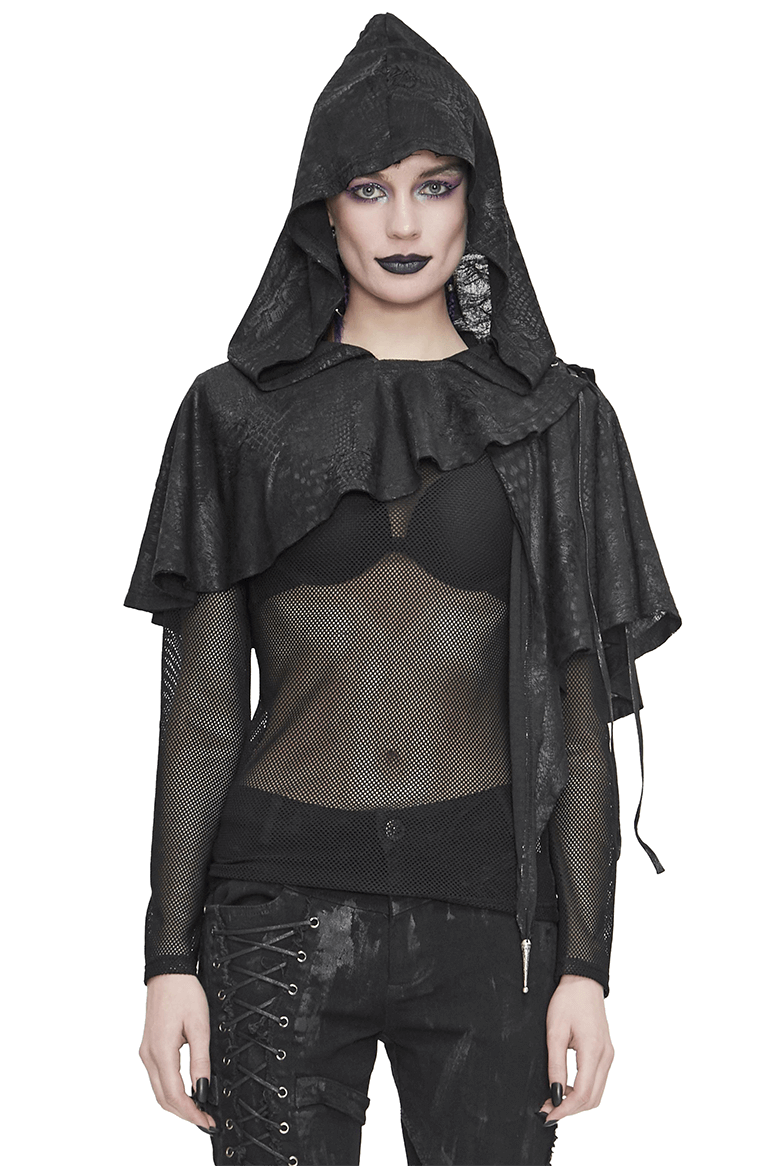 Gothic Punk Asymmetrical Hooded Cape / Women's Black Short Cape With Lace-up - HARD'N'HEAVY