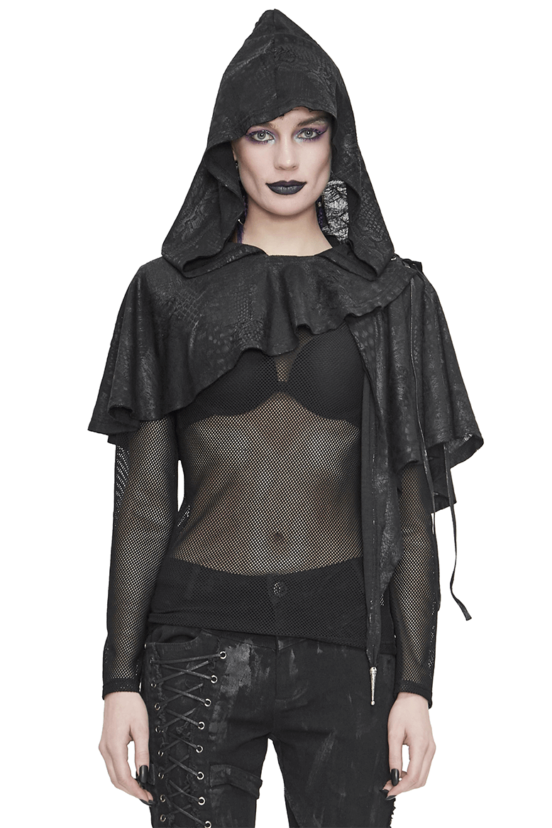 Gothic punk asymmetrical hooded cape in black, featuring a vintage cut and lace-up details, perfect for dark fashion.