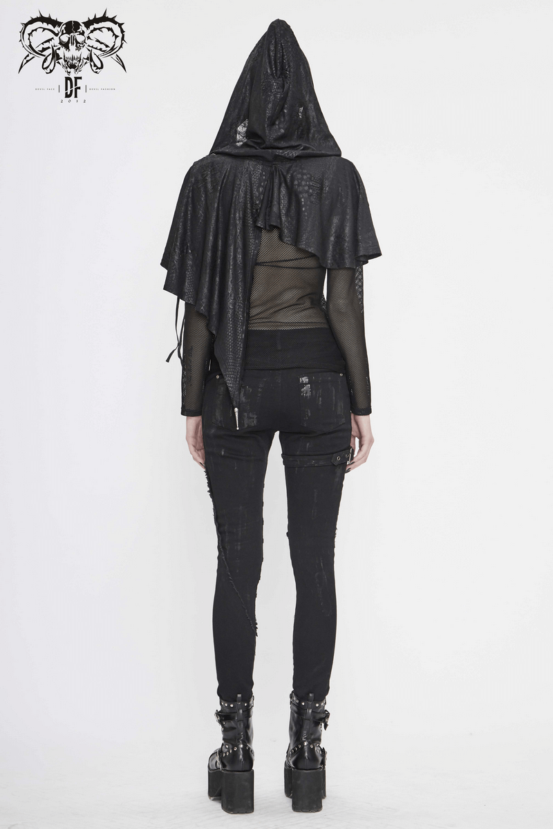 Back view of a women's gothic black asymmetrical hooded cape, showcasing lace-up details and stylish layered design.