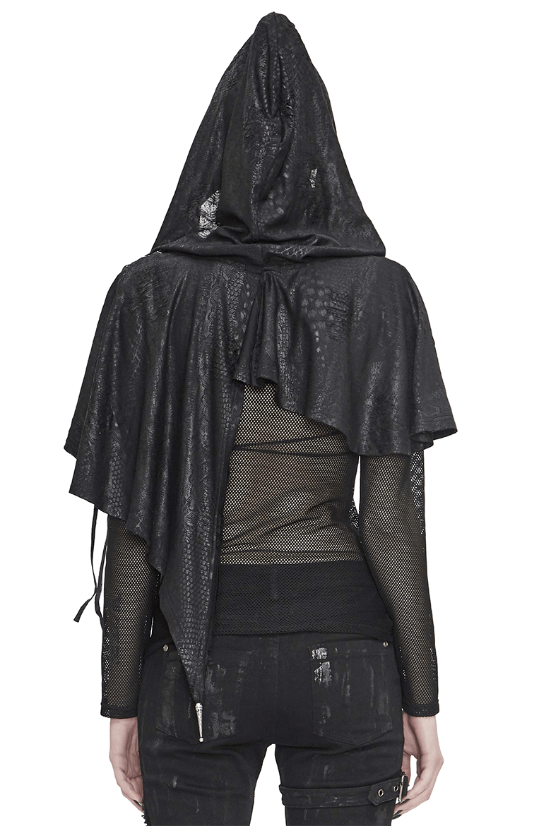 Women's Gothic black asymmetrical hooded cape showcasing lace-up details and vintage style.