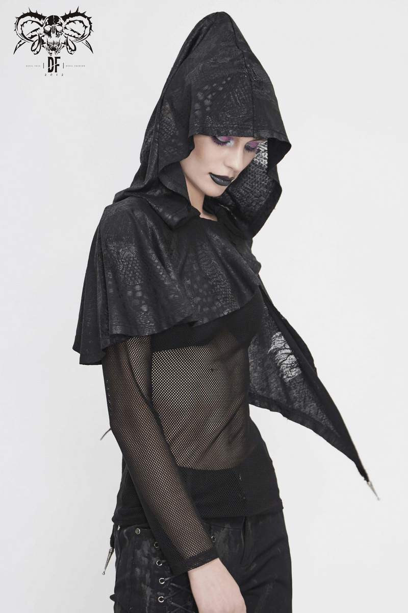 Gothic punk women's black asymmetrical hooded cape with lace-up details. Stylish vintage cut for a unique look.