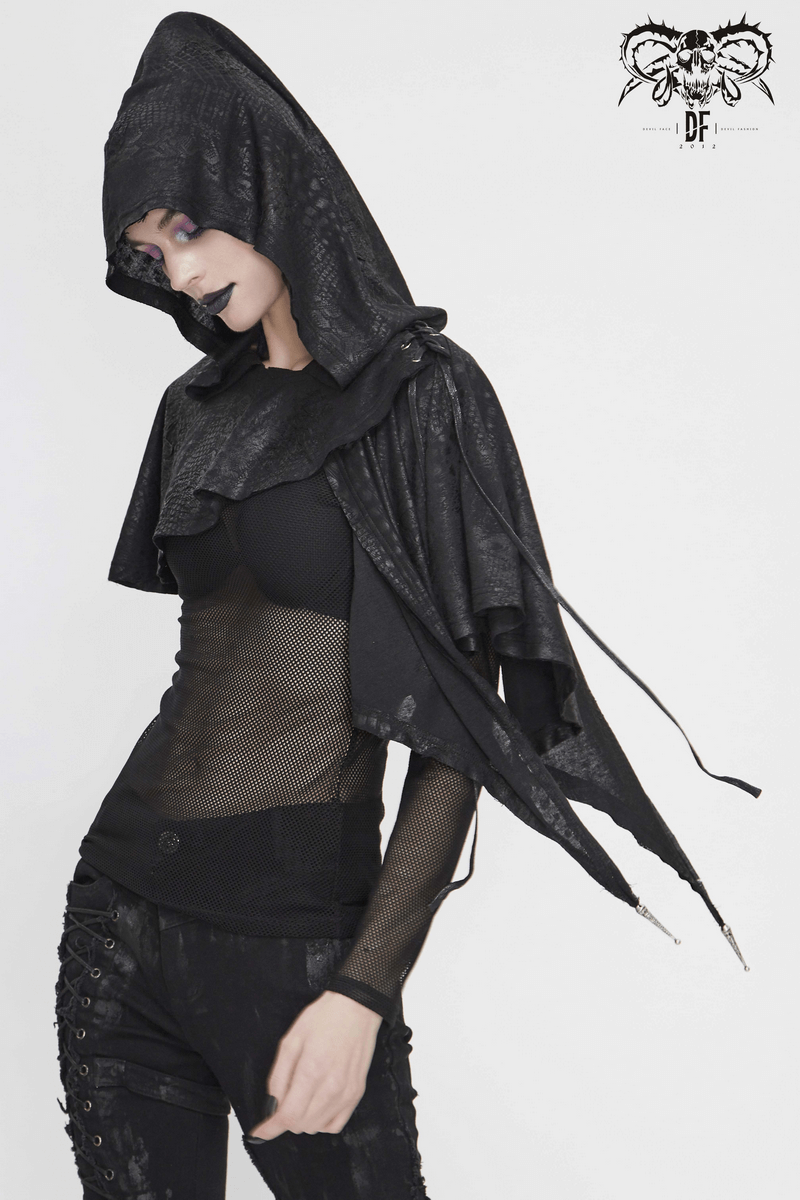 Gothic punk asymmetrical hooded cape on model, featuring lace-up design and vintage black aesthetic.
