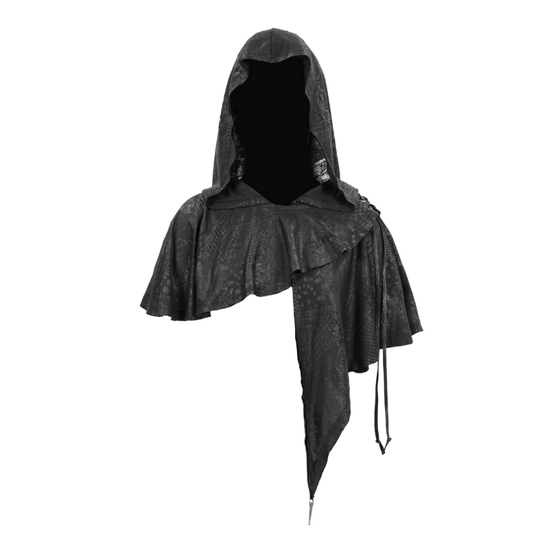 Gothic punk asymmetrical hooded cape in black with lace-up design for women, perfect for vintage gothic fashion.