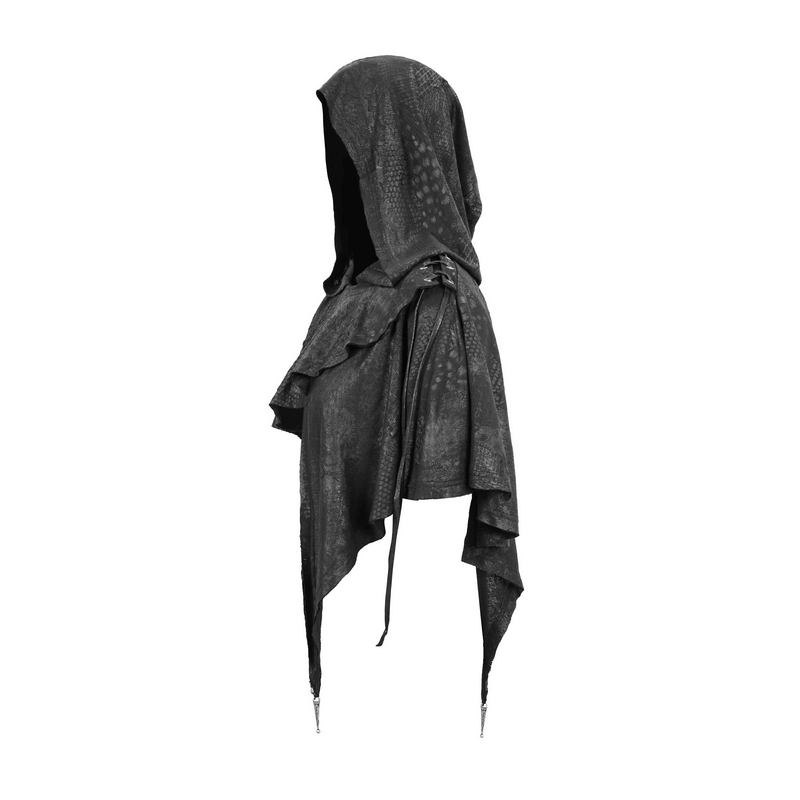 Gothic punk asymmetrical black hooded cape with lace-up design, perfect for trendy vintage looks.