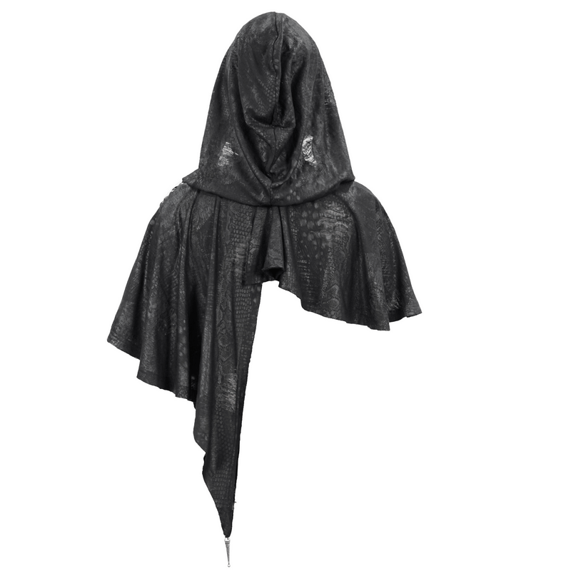 Gothic punk asymmetrical hooded cape in black with lace-up design, perfect for vintage gothic style outfits.