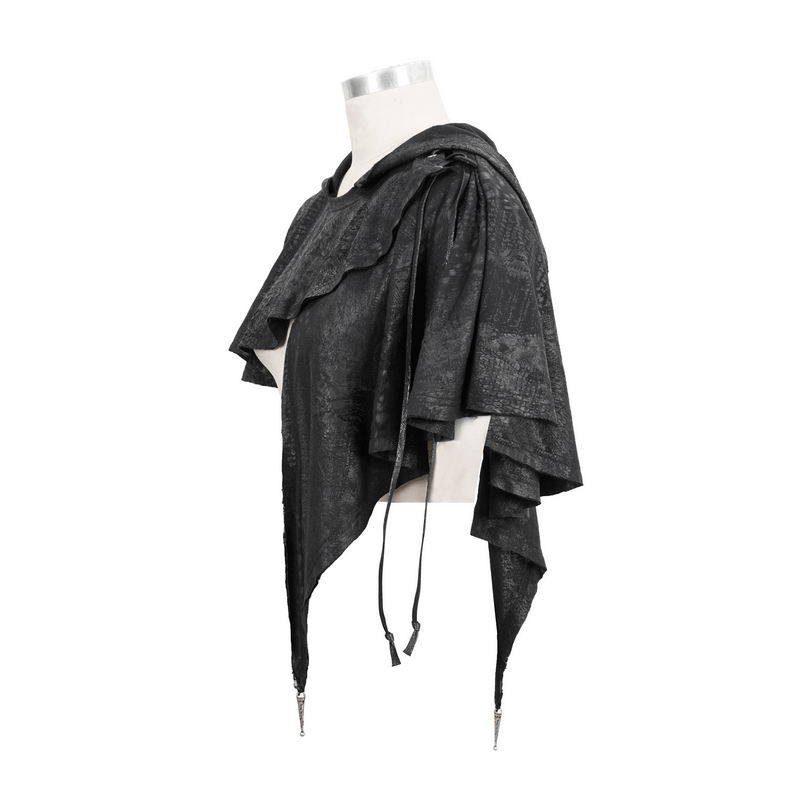 Gothic punk asymmetrical hooded cape for women, featuring a vintage cut and stylish lace-up details in black.