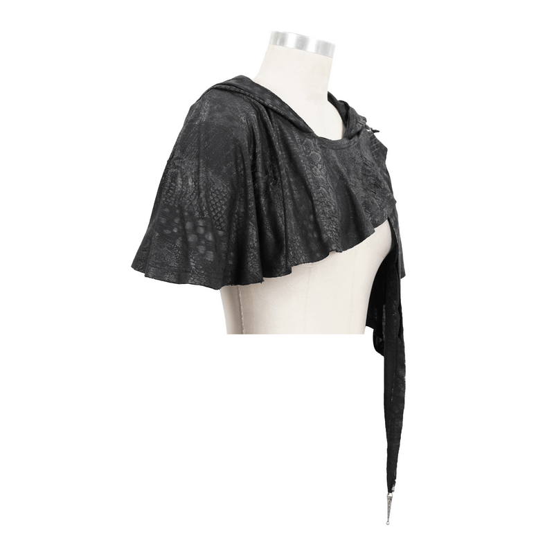Women's black gothic punk asymmetrical hooded cape with lace-up detailing for a trendy vintage look.