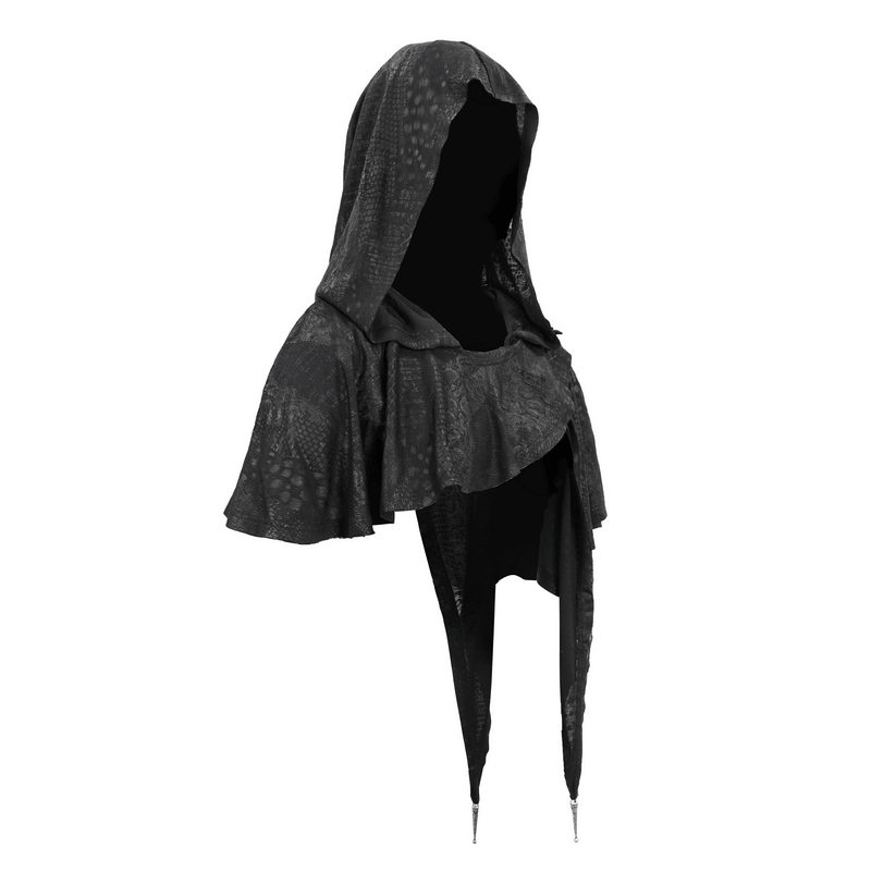 Black gothic punk asymmetrical hooded cape with lace-up details, perfect for a vintage gothic wardrobe.