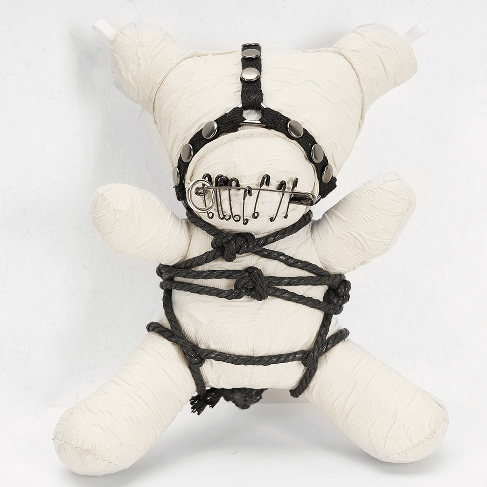 Gothic Punk Bear Plush with chains, textured fabric, and bold binding details, perfect for edgy decor.