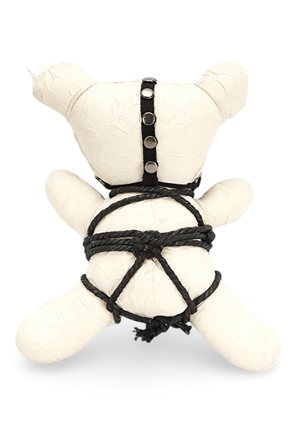 Gothic Punk Bear plush with chains, showcasing edgy detailing and unique binding, perfect for home decor or fashion statement.