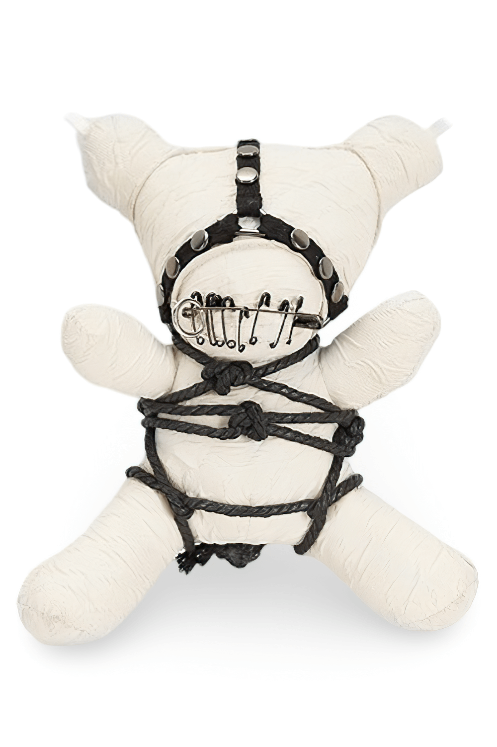 Gothic punk bear plush with chains, intricate binding, and bold detailing in edgy design. Perfect for décor or fashion.