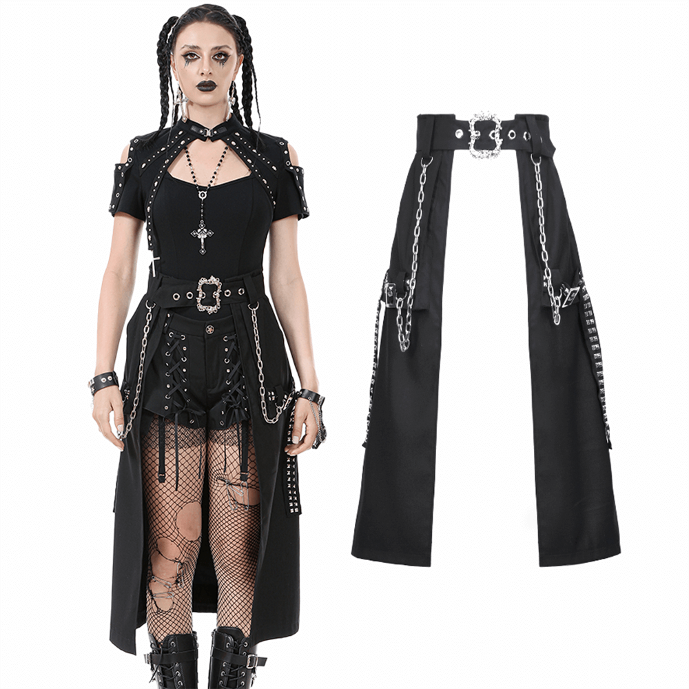 Gothic punk belted skirt with chains and buckle detail, ideal for alternative streetwear and edgy outfits.