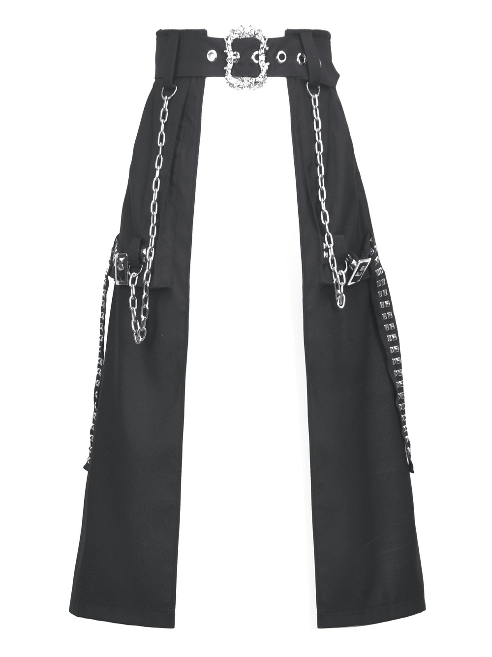 Gothic punk belted black A-line skirt featuring chains, buckle detail, and a stylish streetwear design.