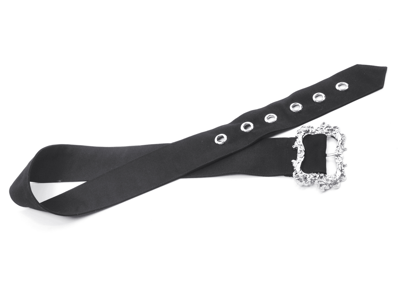 Black fabric belt with ornate silver buckle and adjustable holes, perfect for gothic punk fashion.