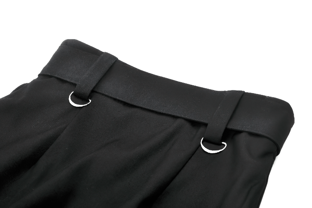 Close-up of adjustable waist with silver straps on a black gothic punk belt skirt.