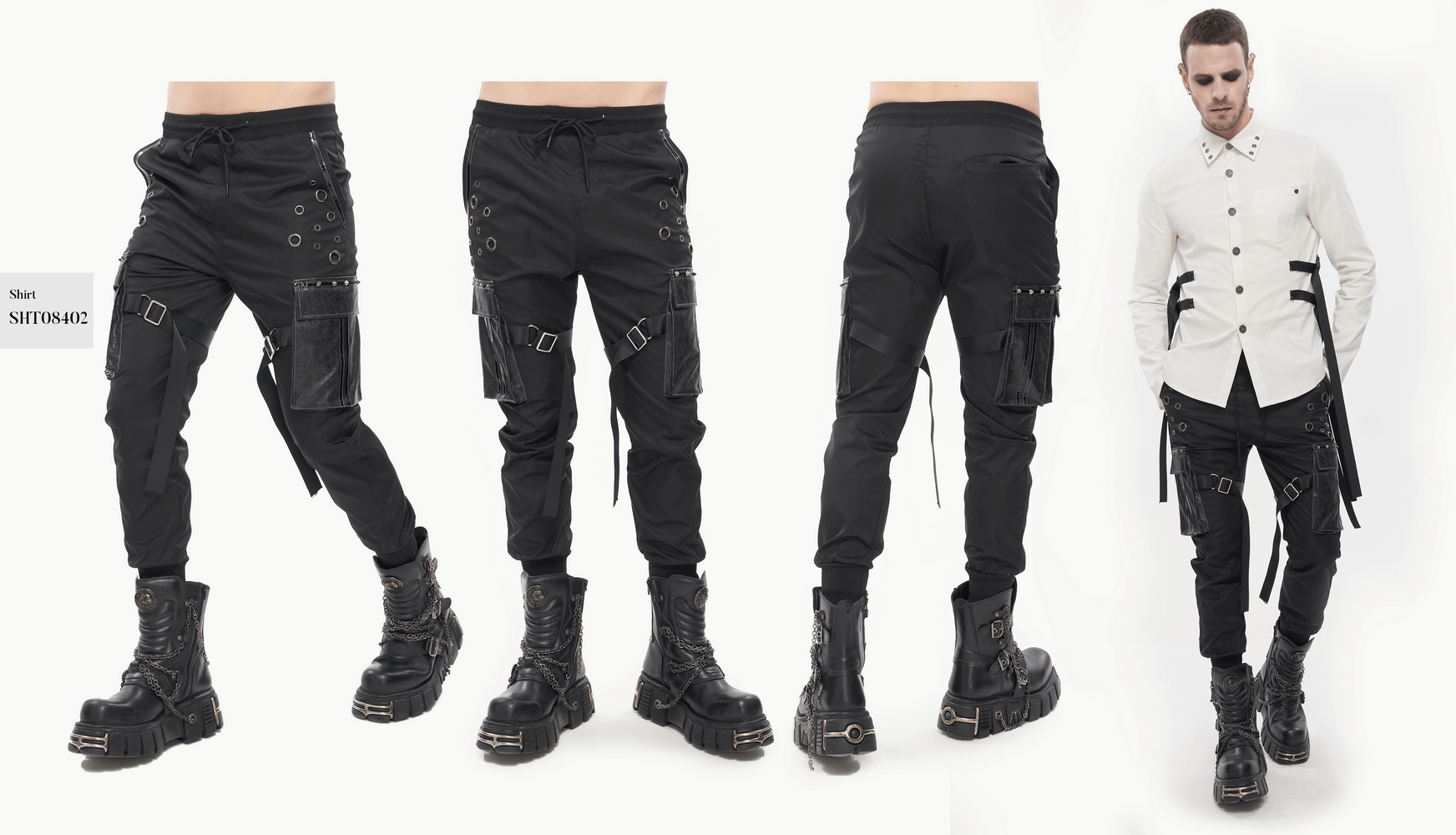 Gothic punk male jogger pants with big pockets, elastic waistband, and grommet details, styled with combat boots.